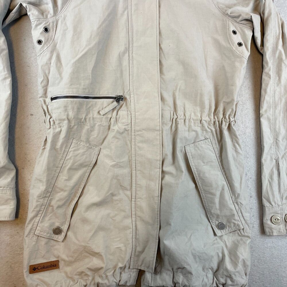 Columbia Womens Hiking Long Rain Jacket Sz XS Khaki Beige Zip Hood Cinch - Picture 5 of 16